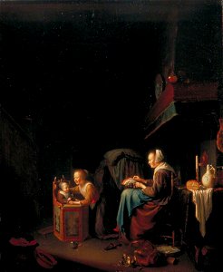 Pieter Cornelisz. van Slingeland (1640-1691) - Woman Making Lace with Two Children - 3717 - Guildhall Art Gallery