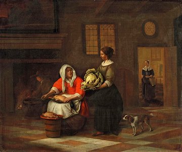 Pieter de Hooch - A Woman with a Duck and a Woman with a Cabbage. Free illustration for personal and commercial use.