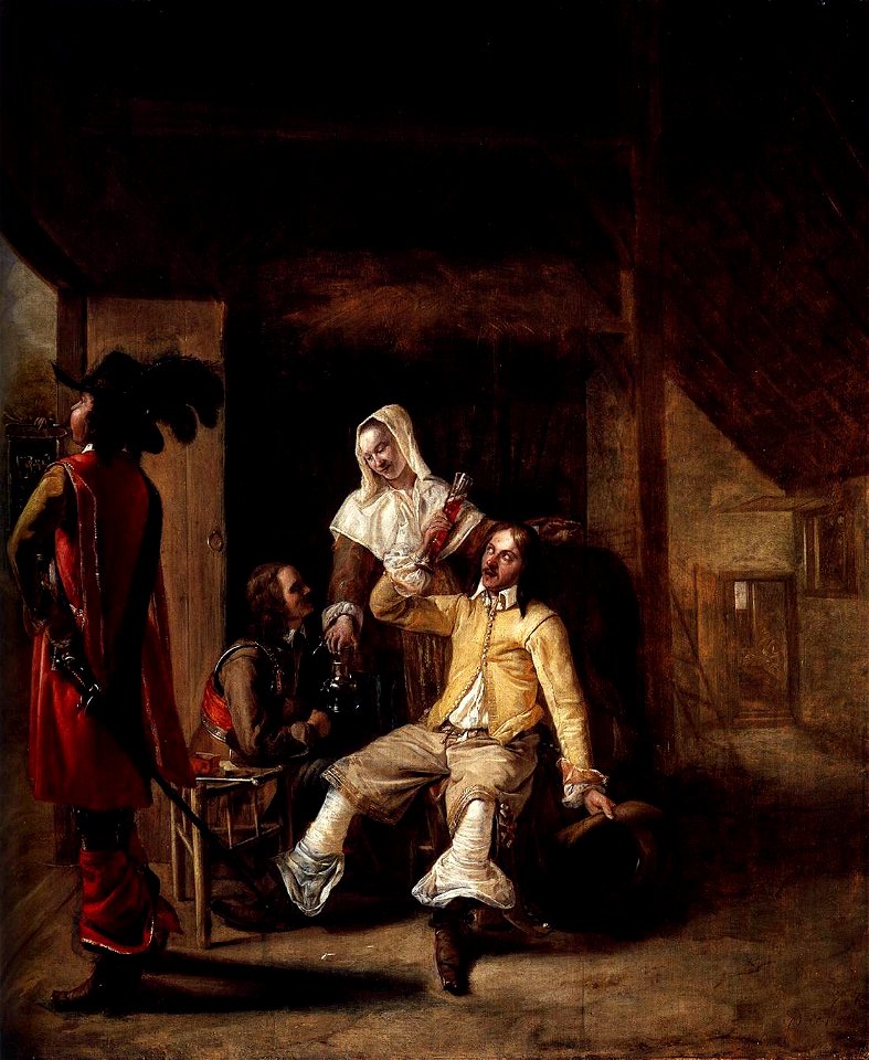 Pieter de Hooch - Two Soldiers and a Serving Woman with a Trumpeter - WGA11681