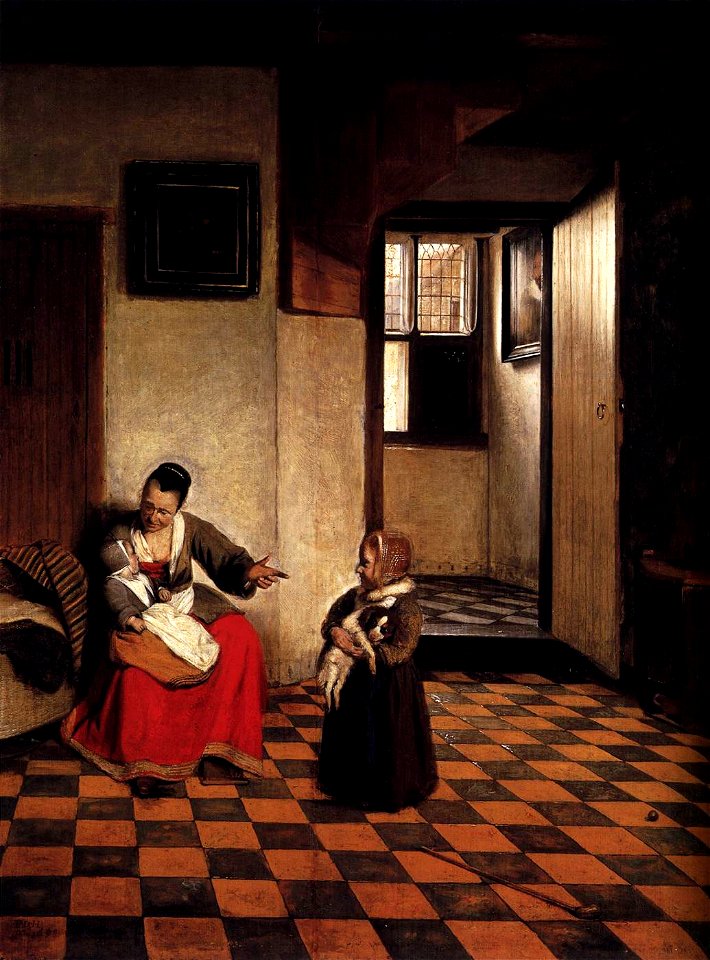 Pieter de Hooch - A Woman with a Baby in Her Lap, and a Small Child - WGA11693