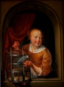Pieter Cornelisz. van Slingelandt - Girl with a Parrot - KMSsp454 - Statens Museum for Kunst