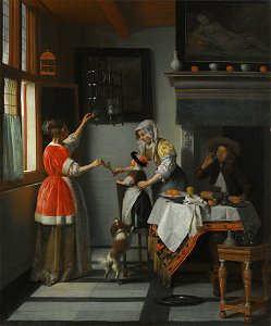 Pieter de Hooch, Interior with a Child Feeding a Parrot. Free illustration for personal and commercial use.