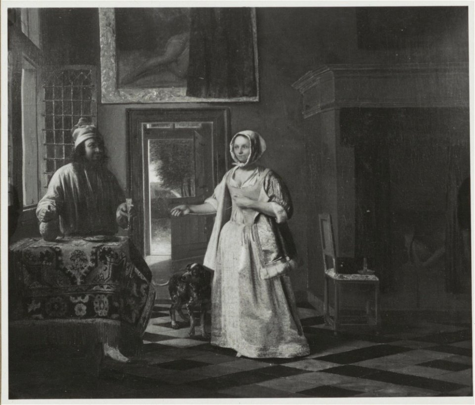 Pieter de Hooch - Man with a glass and a jug and a woman lacing het bodice