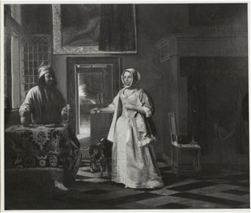 Pieter de Hooch - Man with a glass and a jug and a woman lacing het bodice