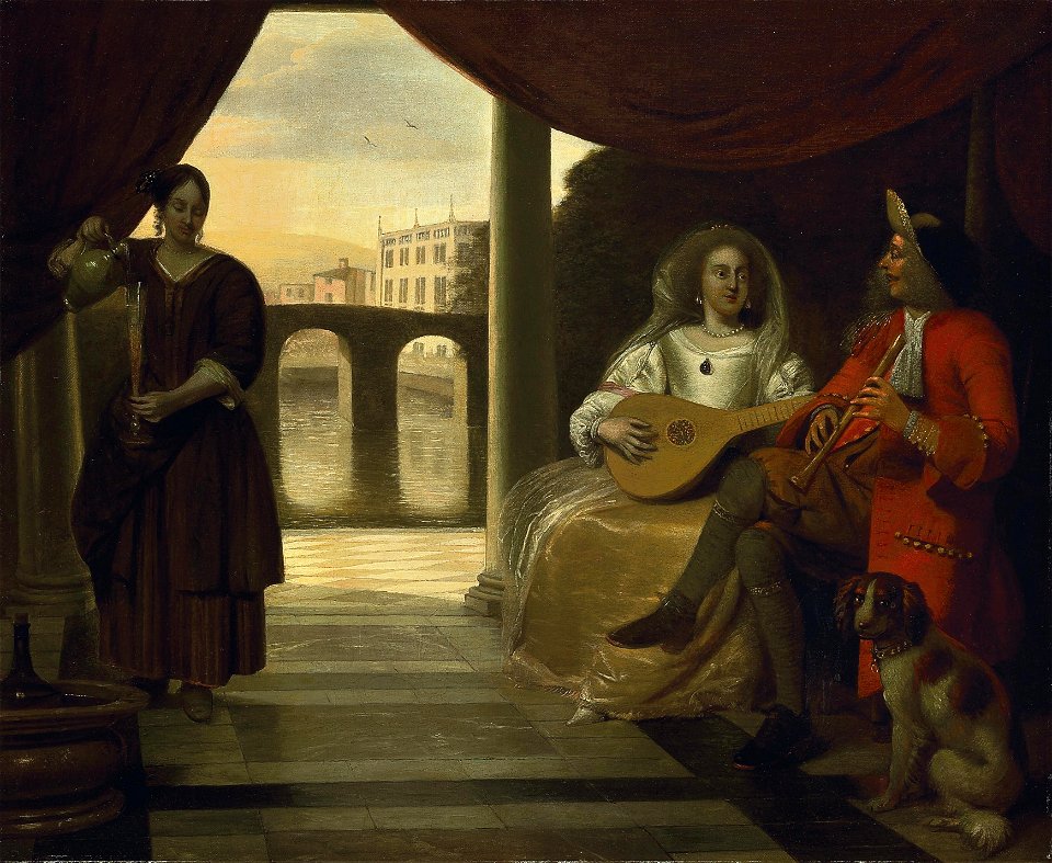 Pieter de Hooch - Elegant couple playing music on a terrace, with a maidservant pouring wine