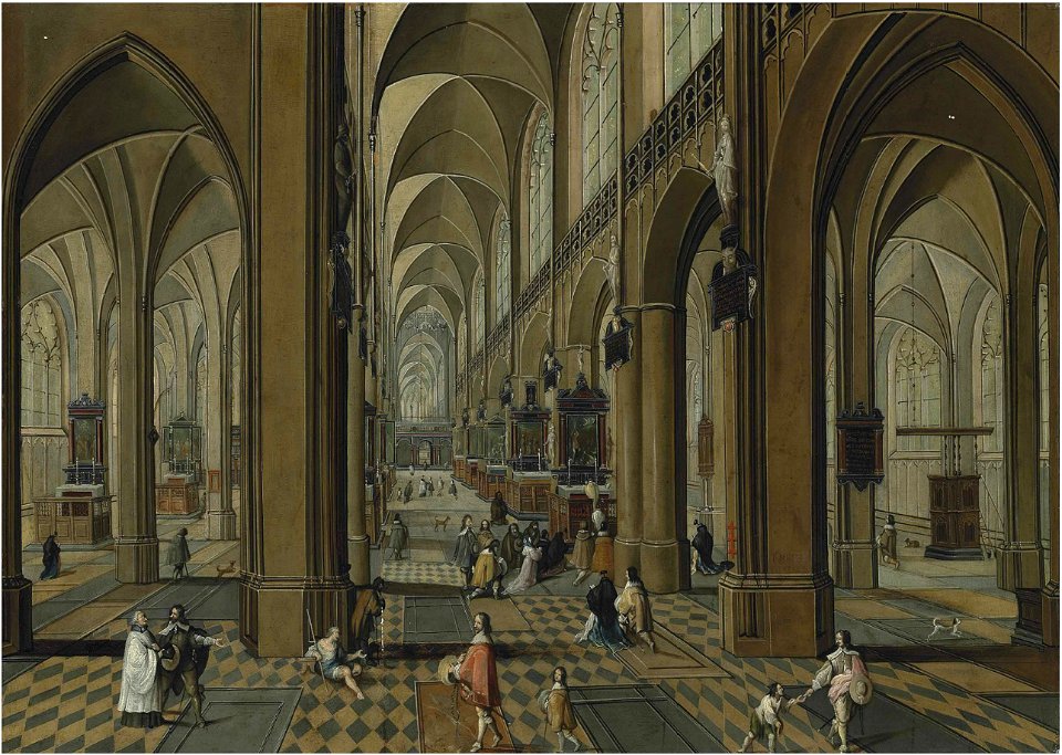 Pieter Neefs II and Follower of Frans Francken II - The interior of the Cathedral of Our Lady, Antwerp, with mass being celebrated on one of the altars, and other elegant figures conversing
