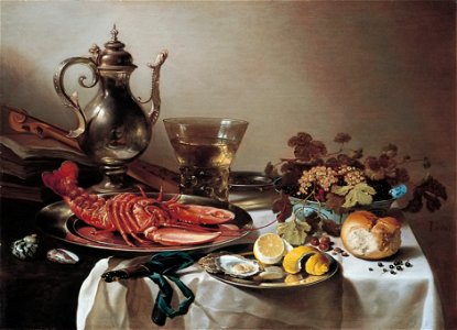 Pieter Claesz - Tafel mit Hummer, Silberkanne, großem Berkemeyer, Früchteschale, Violine und BüchernFXD