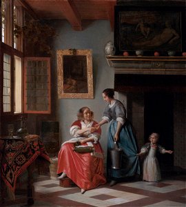 Pieter de Hooch - Woman hands over money to her servant - 1670. Free illustration for personal and commercial use.