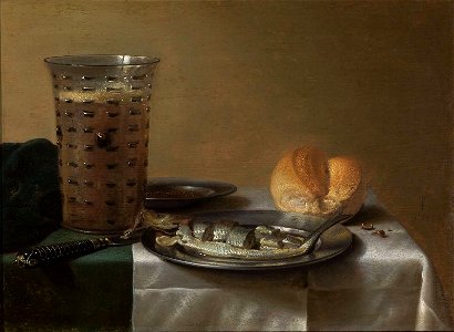 Pieter Claesz - Herring with bread and beer - 1122 (OK). Free illustration for personal and commercial use.