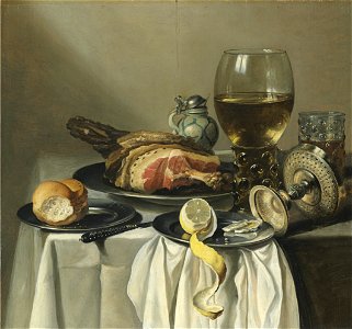Pieter Claesz - Still life with ham, lemon, a roll, a glass of wine, and others on a table 2009 NYR 02237 0042 000