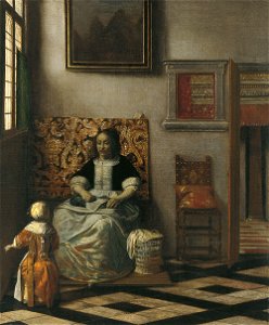 Pieter de Hooch - Interior with a Woman sewing and a Child 1958.7. Free illustration for personal and commercial use.