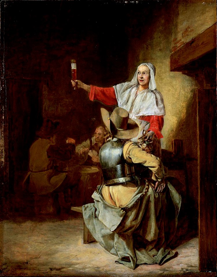 Pieter de Hooch - Serving maid raising beer glass in an inn with a soldier in armor and cardplayers beyond 4N6W4 L06031-9-1