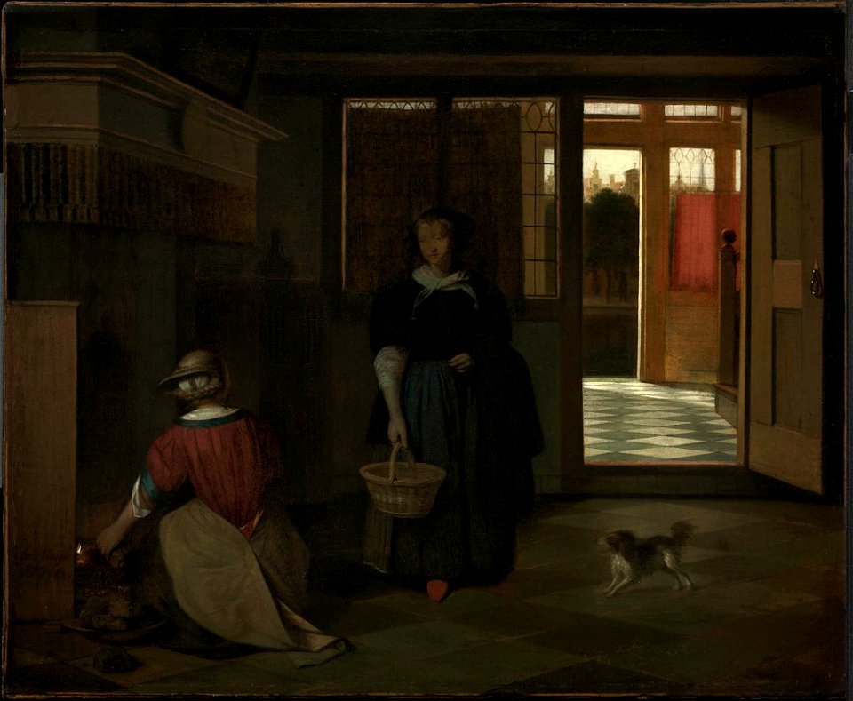 Pieter de Hooch - Interior of a Dutch house with a woman kneeling by a fire conversing with a woman standing SC242400
