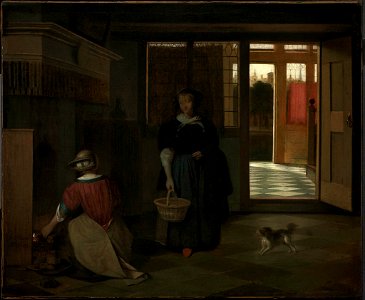 Pieter de Hooch - Interior of a Dutch house with a woman kneeling by a fire conversing with a woman standing SC242400