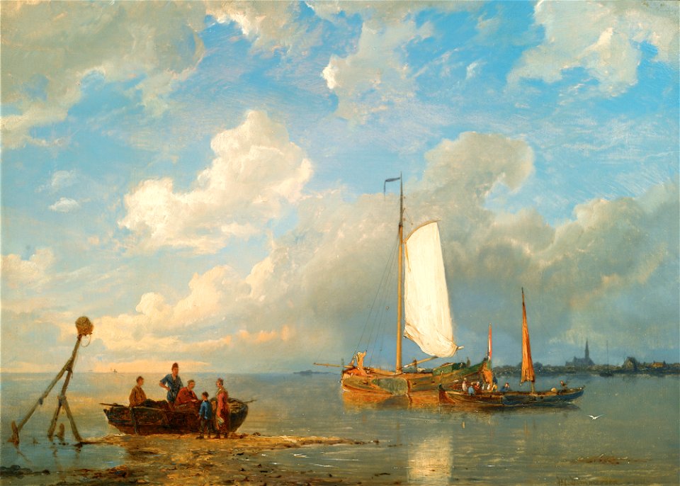 Pieter Cornelis Dommersen - Schepen in een Nederlandse estuarium bij laag tij