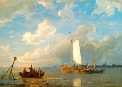 Pieter Cornelis Dommersen - Schepen in een Nederlandse estuarium bij laag tij