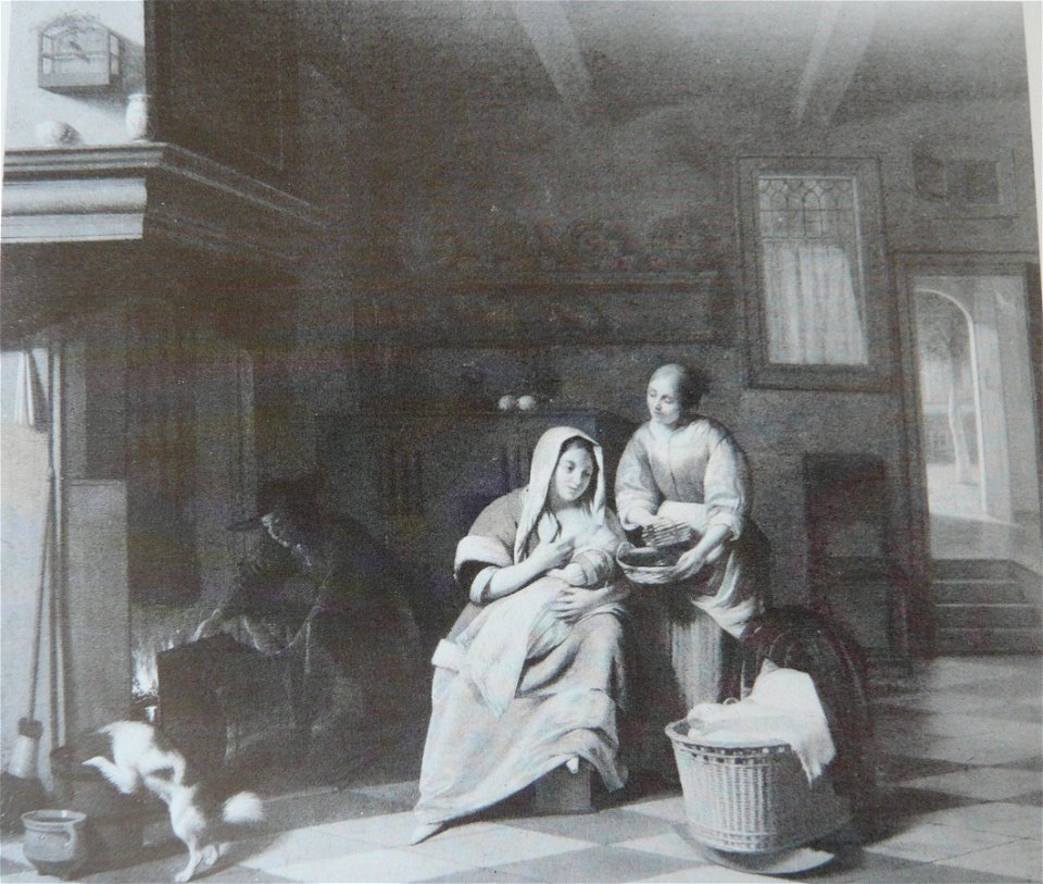 Pieter de Hooch - A Woman, Child, Serving Woman with Asparagus and Man by a Fire