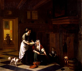 Pieter de Hooch - Two women and two children in a kitchen with a dog