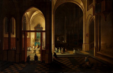 Pieter Neefs the Elder - Evening Mass in a Gothic Church. Free illustration for personal and commercial use.