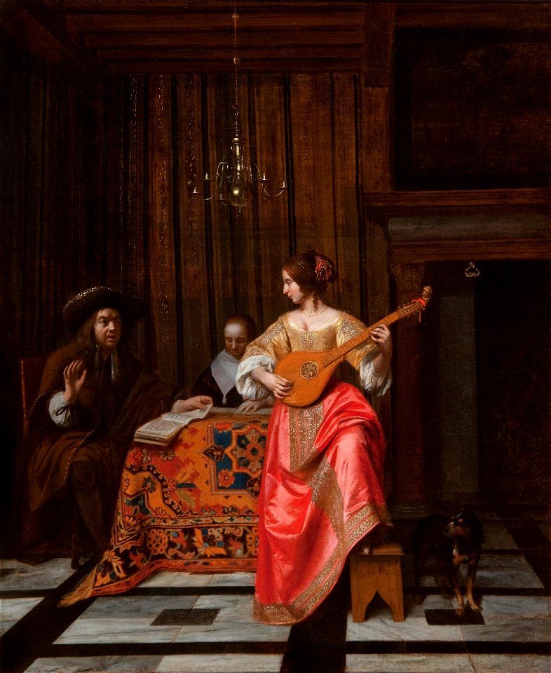Pieter de Hooch - Woman with a Cittern and a Singing Couple at a Table