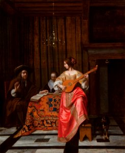 Pieter de Hooch - Woman with a Cittern and a Singing Couple at a Table. Free illustration for personal and commercial use.