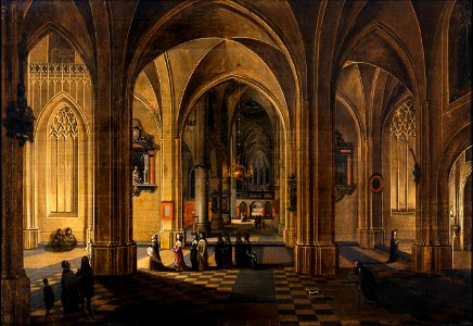 Pieter Neefs the Elder – A Nocturnal Interior of a Gothic Cathedral with a Candlelit Procession. Free illustration for personal and commercial use.