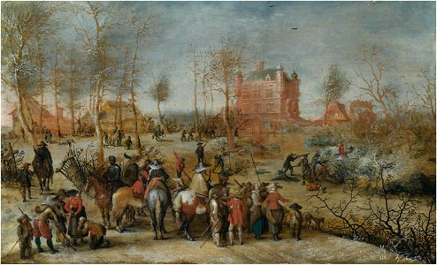 Pieter Snayers - Winter landscape with soldiers defending a town. Free illustration for personal and commercial use.