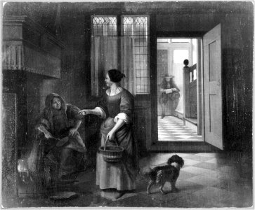 Pieter de Hooch - Interior with two women talking, a man and a dog - Musée Granet