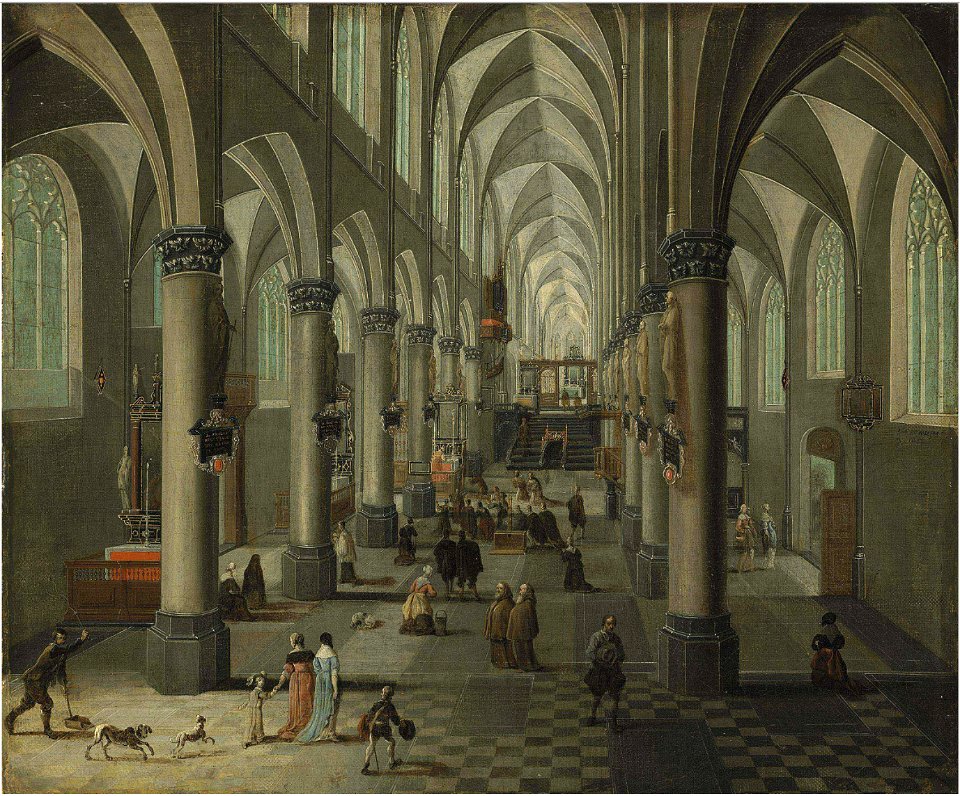 Pieter Neefs II - Interior of a Gothic church with elegant figures and dogs in the foreground and a Mass beyond