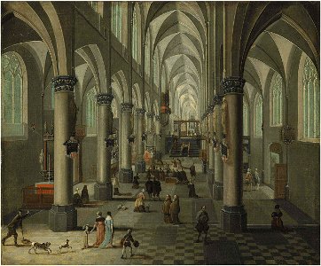 Pieter Neefs II - Interior of a Gothic church with elegant figures and dogs in the foreground and a Mass beyond