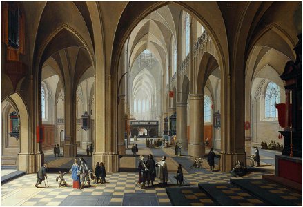 Pieter Neefs I and Frans Francken II - The interior of a gothic cathedral, with elegant figures conversing and a priest taking mass. Free illustration for personal and commercial use.