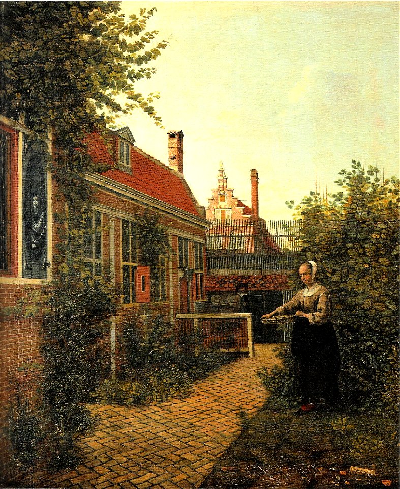 Pieter de Hooch - Frau mit Bohnenkorb im Gemüsegärtchen