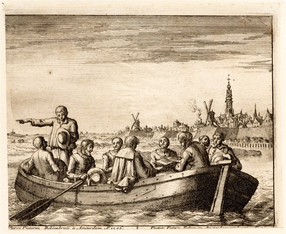 Pieter Pietersz Bekjen lest in een schuit op de Amstel voor uit de bijbel, objectnr A 41934