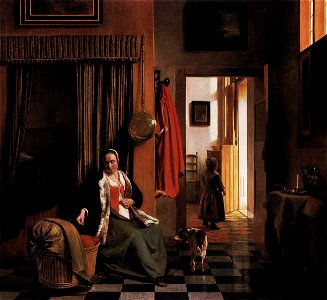 Pieter de Hooch - Mother Lacing Her Bodice beside a Cradle - WGA11698. Free illustration for personal and commercial use.