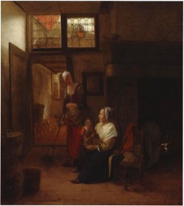 Pieter de Hooch - Interior with mother and child and a maid sweeping d1480082x. Free illustration for personal and commercial use.