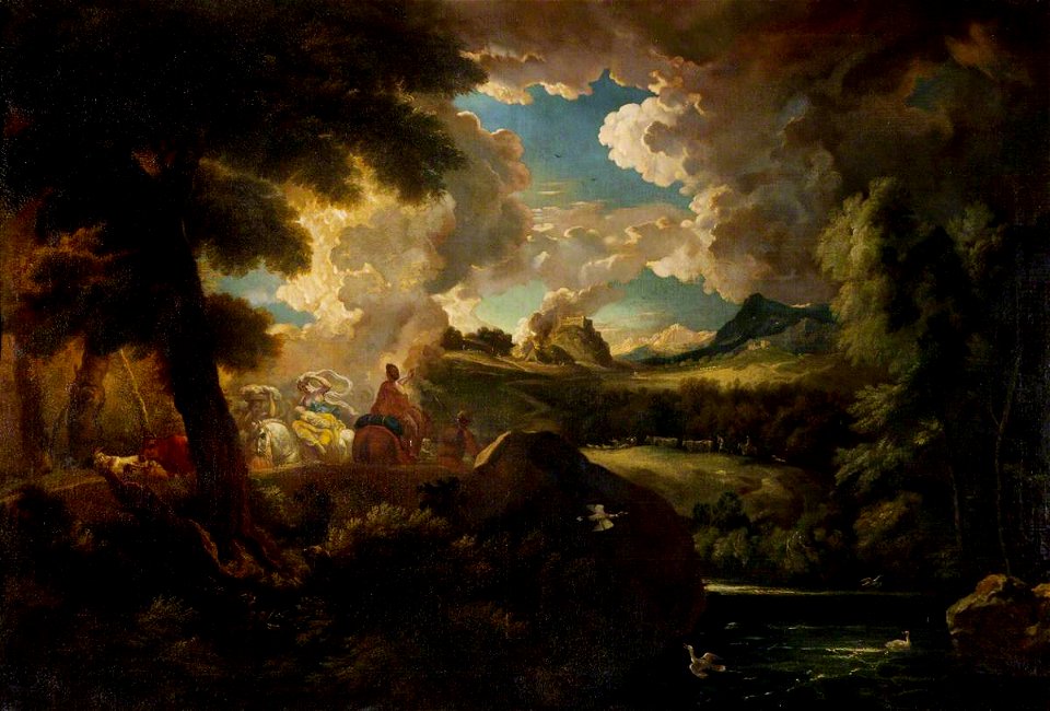 Pieter Mulier the younger (c.1637-1701) - A Wooded Landscape with Figures and a Stormy Sky by the Sea Coast - 108895 - National Trust