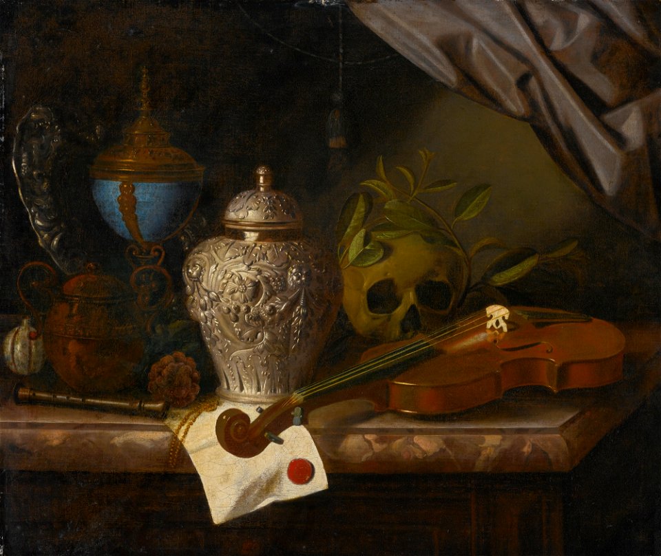 Pieter Gerritsz van Roestraeten A vanitas still life with a violin, a skull,