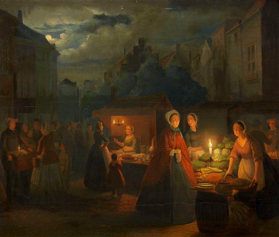 Pieter Geerard Sjamaar Marktszene bei Mondschein