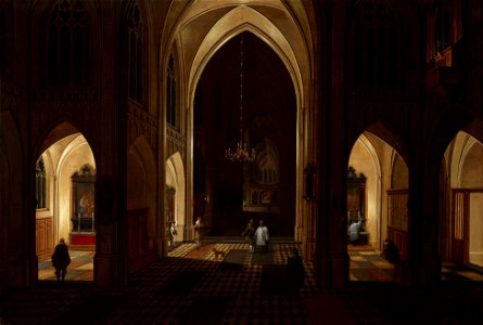 Pieter Neefs I - The Interior of a Gothic Church by Night