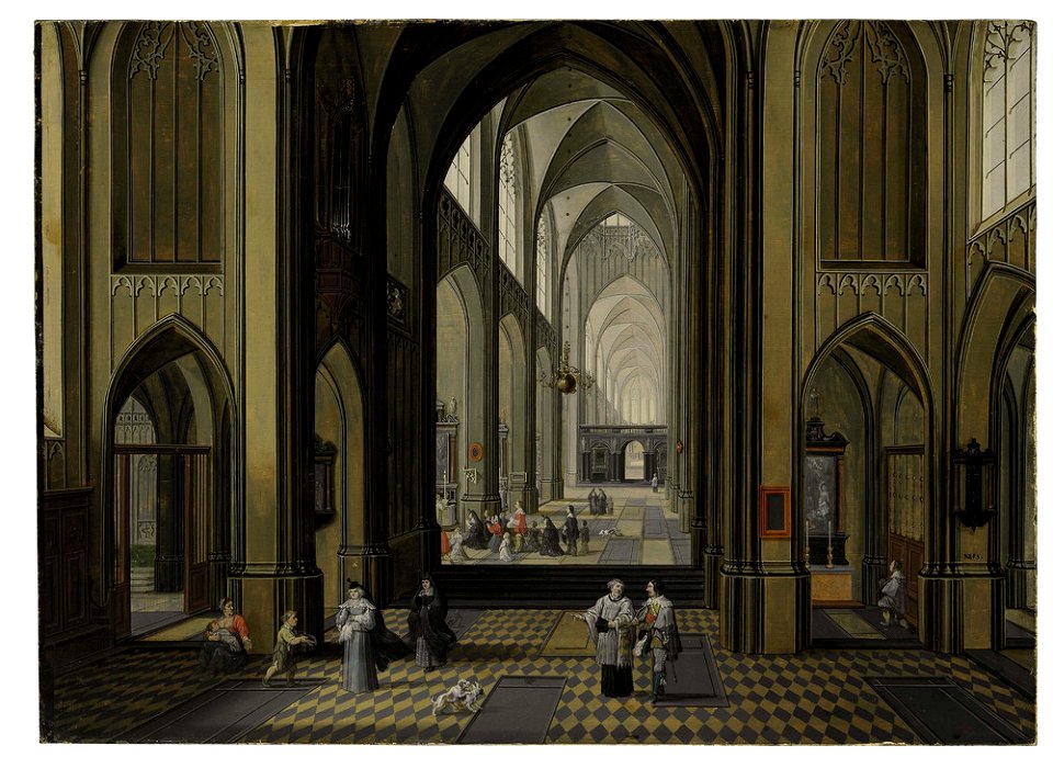 Pieter Neefs (I) - Kerkinterieur met wandelaars, in de zijbeuk een mis - 71.109 - Metropolitan Museum of Art