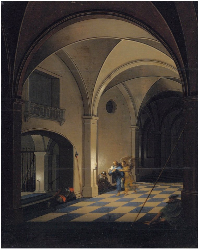 Pieter Neefs the Younger - Interior of a prison with St Peter fleeing with the angel