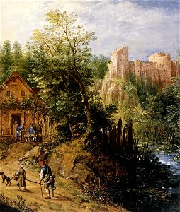 Pieter Stevens II - Mountain Valley with Inn and Castle (detail) - WGA21792