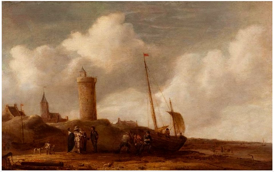 Pieter van der Croos - Landscape with lighthouse and figures on a beach