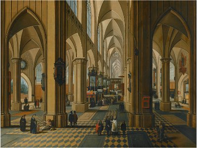 Pieter Neefs the Younger - Interior of a Gothic Church with Figures attending Mass