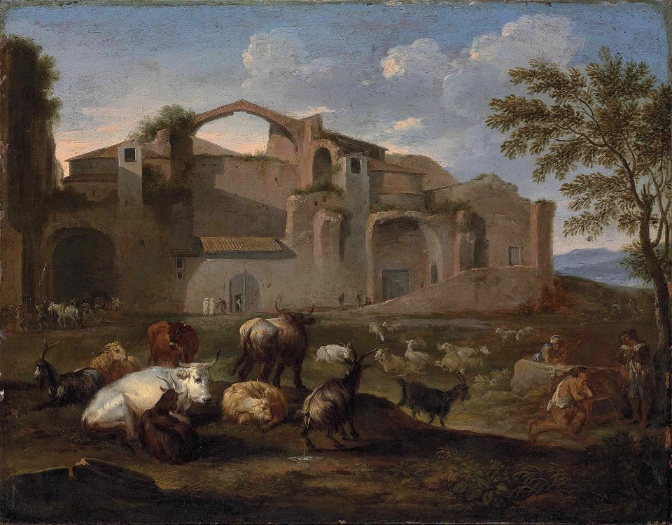 Pieter van Bloemen - The Baths of Diocletian, Rome, with drovers and their cattle in the foreground