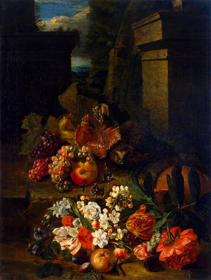 Pieter Snyers - Flowers, Fruit and a Hedgehog