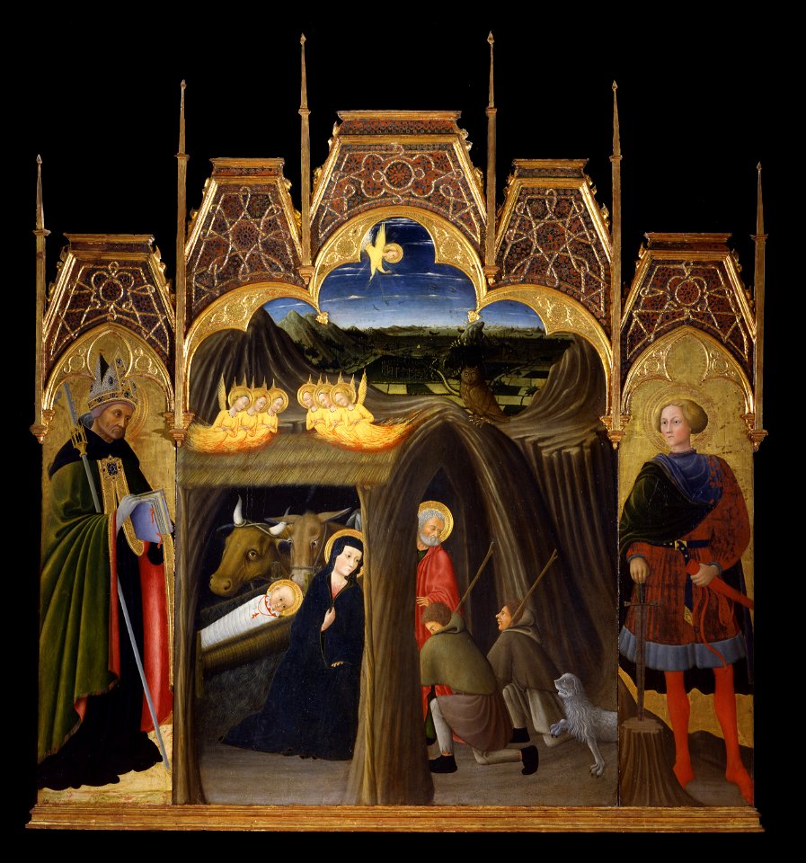 Pietro di Giovanni d'Ambrogio - Adoration of the Shepherds between Saints Augustin and Galgano - Google Art Project