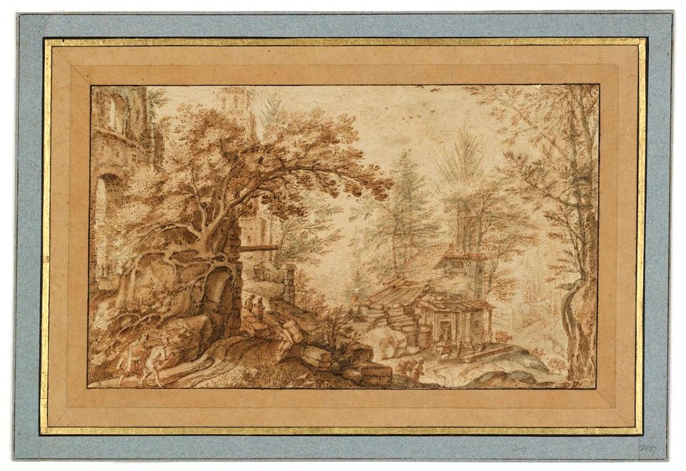 Pieter Stevens (II) - Forest Landscape with Travellers and Buildings
