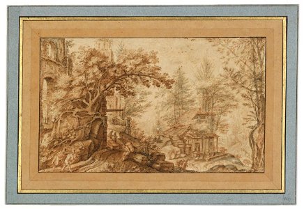 Pieter Stevens (II) - Forest Landscape with Travellers and Buildings