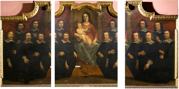 Pieter van der Plas I - Portrait of ten men near a Madonna and Child on a throne